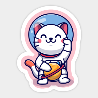 Cute Cat Astronaut With Planet Cartoon Sticker